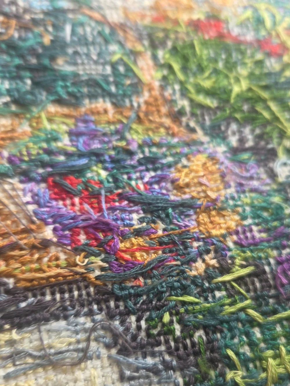 Hand-Embroidered Garden Scene Wall Art - Purple, Green, Yellow